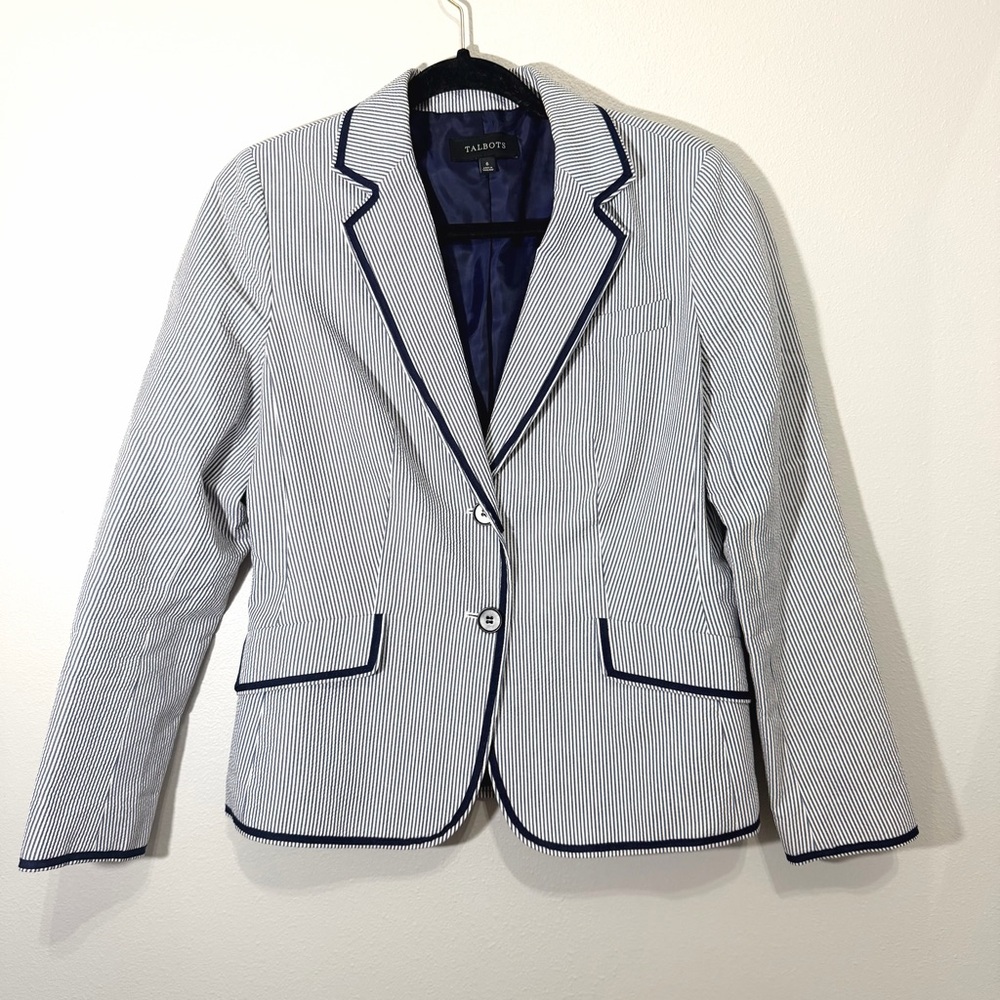 Talbots Seersucker Blazer Suit Jacket Womens 6 Blue Trim Button Tailored Cotton